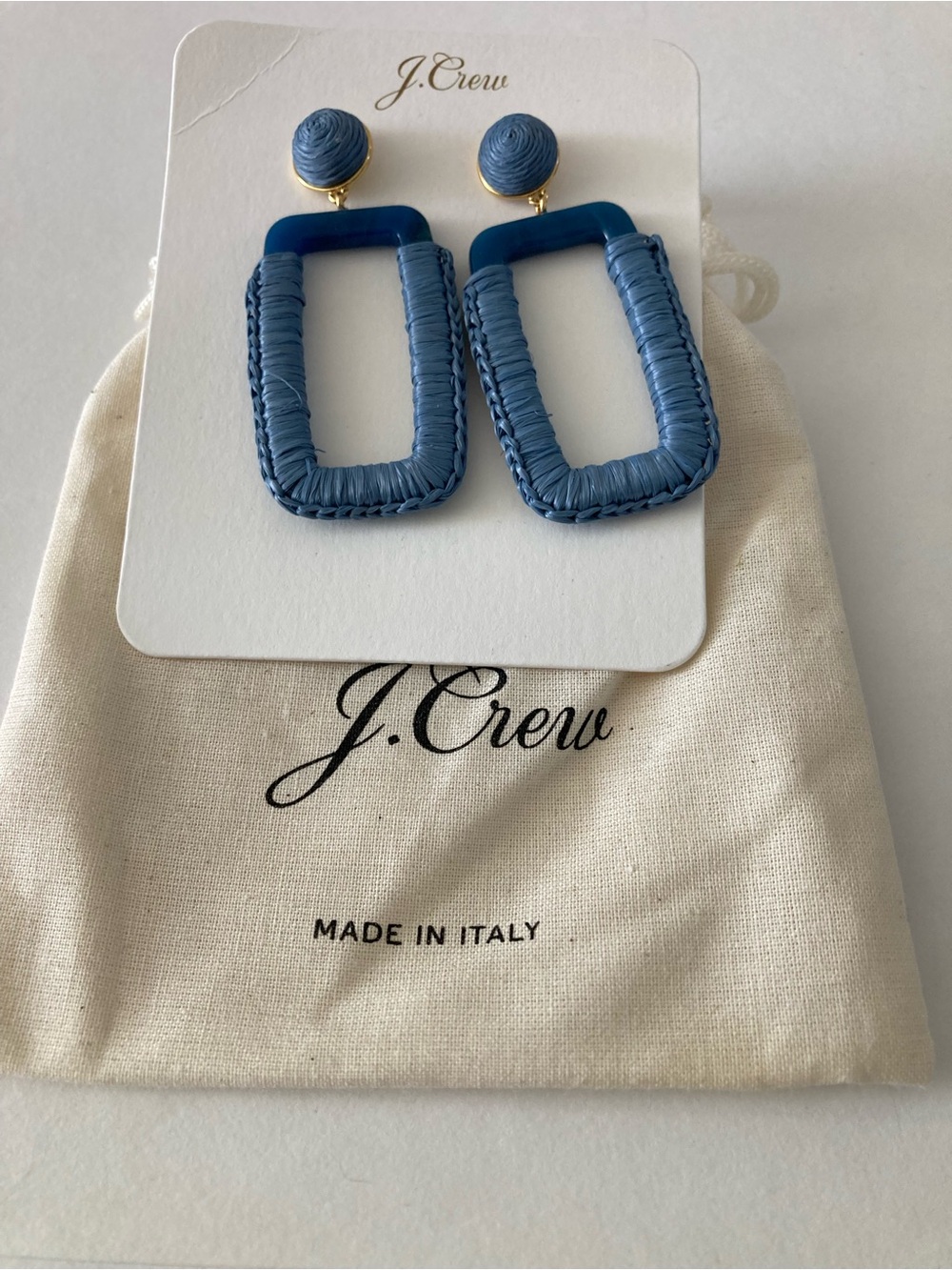 JCrew blue rectangle cotton raffia-wrapped earrings